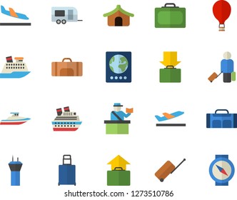 Color flat icon set sport bag flat vector, trailer fector, airport tower, balloon, luggage, suitcase, passport control, tent, arrival, departure, get, hand, cruise ship, yacht, compass