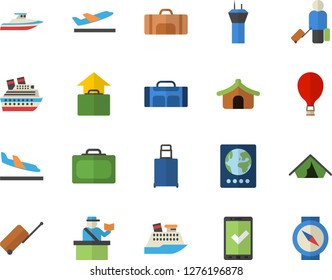 Color flat icon set sport bag flat vector, airport tower fector, balloon, luggage, suitcase, passport control, check in, tent, arrival, departure, hand, cruise ship, yacht, compass