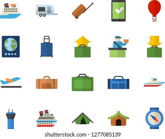 Color flat icon set sport bag flat vector, trailer fector, airport tower, balloon, luggage, suitcase, passport control, check in, tent, departure, get, hand, cruise ship, yacht, compass