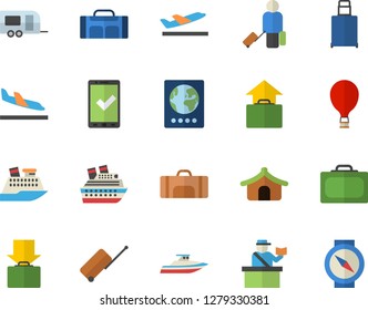 Color flat icon set sport bag flat vector, trailer fector, balloon, luggage, suitcase, passport control, check in, tent, arrival, departure, get, hand, cruise ship, yacht, compass