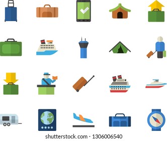 Color flat icon set sport bag flat vector, trailer fector, airport tower, luggage, suitcase, passport control, check in, tent, arrival, get, hand, cruise ship, yacht, compass
