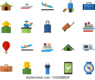 Color flat icon set sport bag flat vector, trailer fector, airport tower, balloon, luggage, passport control, check in, tent, arrival, departure, get, hand, cruise ship, yacht, compass
