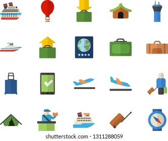 Color flat icon set sport bag flat vector, airport tower fector, balloon, luggage, suitcase, passport control, check in, tent, arrival, departure, get, hand, cruise ship, yacht, compass