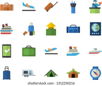 Color flat icon set sport bag flat vector, trailer fector, airport tower, luggage, suitcase, passport control, check in, tent, arrival, departure, hand, cruise ship, yacht, compass