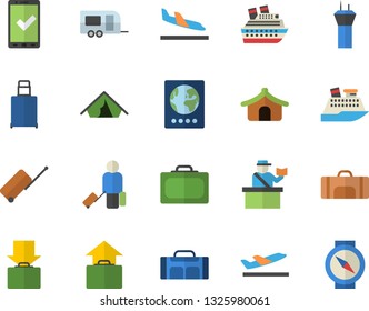 Color flat icon set sport bag flat vector, trailer fector, airport tower, luggage, suitcase, passport control, check in, tent, arrival, departure, get, hand, cruise ship, compass