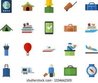 Color flat icon set sport bag flat vector, trailer fector, airport tower, balloon, luggage, suitcase, passport control, check in, tent, arrival, get, cruise ship, yacht, compass