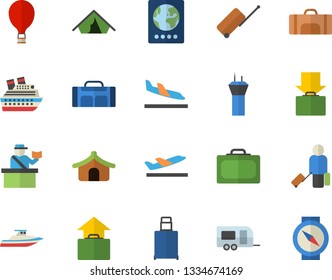 Color flat icon set sport bag flat vector, trailer fector, airport tower, balloon, luggage, suitcase, passport control, tent, arrival, departure, get, hand, cruise ship, yacht, compass