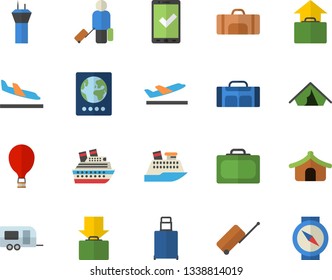 Color flat icon set sport bag flat vector, trailer fector, airport tower, balloon, luggage, suitcase, passport, check in, tent, arrival, departure, get, hand, cruise ship, compass