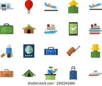 Color flat icon set sport bag flat vector, trailer fector, balloon, luggage, suitcase, passport control, check in, tent, arrival, departure, get, hand, cruise ship, yacht