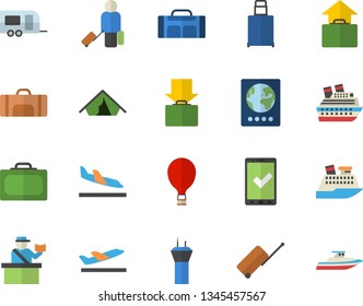 Color flat icon set sport bag flat vector, trailer  , airport tower, balloon, luggage, suitcase, passport control, check in, tent, arrival, departure, get, hand, cruise ship, yacht
