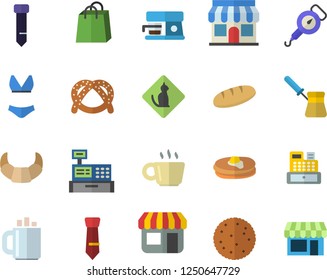 Color flat icon set spring balance flat vector, turk, coffee machine, biscuit, pancakes, bagel, croissant, bread, store front, bags, cash, tie, swimsuit, pets allowed fector, shop