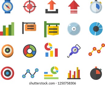 Color flat icon set spring balance flat vector, signboard, chart, statistics, scatter, statistic, clircle diagram, target, compass fector, upload, stopwatch