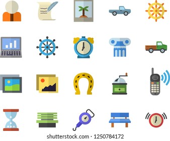 Color flat icon set spring balance flat vector, coffee grinder, pickup truck, horseshoe, bench, person, phone call, computer, hostory roll, antique column fector, photo, steering wheel, gallery