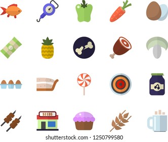 Color flat icon set spring balance flat vector, induction cooker, egg, spaghetti, fish, ear, mushroom, cupcake, piece of cake, ham, shashlik, lollipop, bell pepper, jam, pineapple, carrot, coffee