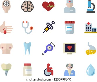 Color flat icon set spring balance flat vector, vial, syringe, computer diagnostics of health, disabled, hospital, physician, stethoscope, injury, breast, caries, implant, stomach, microscope, brain