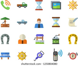 Color flat icon set spring balance flat vector, coffee grinder, well, pickup truck, horseshoe, bench, person, phone call, hostory roll, steering wheel fector, gallery, hourglass, alarm clock