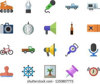 Color flat icon set spring balance flat vector, sauce, pickup truck, drawing pin, ink pen, roller Skates, trailer fector, bicycle, ticket, disco ball, camera, photo, stamp, steering wheel