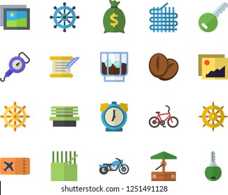 Color flat icon set spring balance flat vector, coffee beans, whiskey, well, bench, fabric manufacture, wealth, hostory roll, motorcycle fector, bicycle, ticket, key, steering wheel, gallery