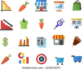 Color flat icon set spring balance flat vector, ham, carrot, bell pepper, store front, grocery trolley, crisis, dollar, statistics, bags, news, chart, statistic, presentaition board, target, fector