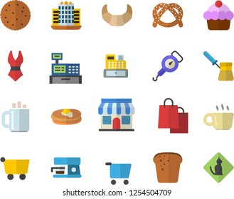 Color flat icon set spring balance flat vector, turk, coffee machine, biscuit, pancakes, bagel, croissant, cake, bread, store front, grocery trolley, bags, cash, swimsuit, hotel fector, pets allowed