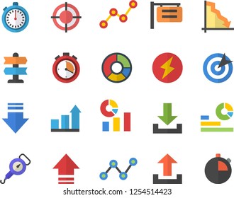 Color flat icon set spring balance flat vector, signboard, crisis, statistics, scatter chart, clircle diagram, target, lightning, achievement, stopwatch, pointer fector, download, upload