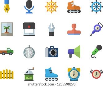 Color flat icon set spring balance flat vector, coffee grinder, pickup truck, fence, ink pen, roller Skates, disco ball fector, camera, photo, steering wheel, stamp, mouthpiece, microphone
