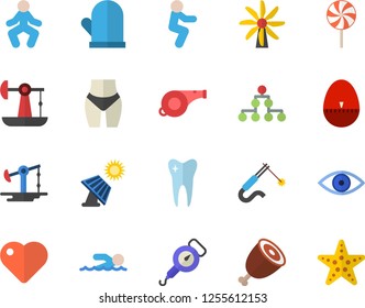 Color flat icon set spring balance flat vector, potholder, kitchen egg timer, ham, lollipop, solar battery, oil pumping, windmill, welding, heart, eye, tooth, classification, whistle, waistline