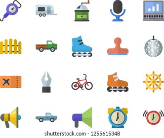 Color flat icon set spring balance flat vector, coffee grinder, pickup truck, fence, ink pen, computer, roller Skates, trailer fector, bicycle, ticket, disco ball, steering wheel, stamp, mouthpiece