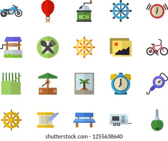 Color flat icon set spring balance flat vector, coffee grinder, well, bench, fabric manufacture, hostory roll, trailer fector, motorcycle, bicycle, balloon, table setting, photo, steering wheel, key