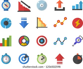 Color flat icon set spring balance flat vector, stopwatch, crisis, chart, scatter, clircle diagram, target, lightning, achievement, compass fector, download, upload