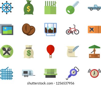 Color flat icon set spring balance flat vector, coffee beans, whiskey, well, pickup truck, bench, fabric manufacture, wealth, hostory roll, trailer fector, bicycle, balloon, ticket, table setting