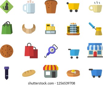 Color flat icon set spring balance flat vector, turk, biscuit, pancakes, croissant, bread, store front, grocery trolley, bags, cash machine, coffee, tie, hotel fector, pets allowed