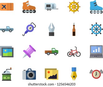 Color flat icon set spring balance flat vector, coffee grinder, sauce, pickup truck, drawing pin, ink pen, computer, roller Skates, trailer fector, bicycle, ticket, camera, gallery, steering wheel