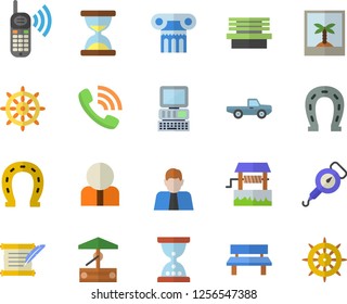 Color flat icon set spring balance flat vector, well, pickup truck, horseshoe, bench, person, phone call, computer, hostory roll, antique column fector, photo, steering wheel, hourglass