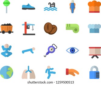 Color flat icon set spring balance flat vector, cook hat, potholder, lollipop, coffee beans, crane, mining, flipchart, eye, lungs, sneakers, yoga, gymnastics, push up, pool, size, whistle, lock