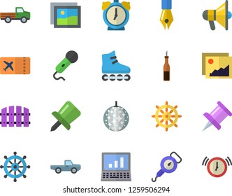 Color flat icon set spring balance flat vector, sauce, pickup truck, fence, drawing pin, ink pen, computer, roller Skates, ticket fector, disco ball, steering wheel, gallery, mouthpiece, microphone