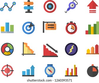 Color flat icon set spring balance flat vector, signboard, crisis, chart, scatter, statistic, clircle diagram, target, lightning, achievement, stopwatch, pointer fector, compass, upload