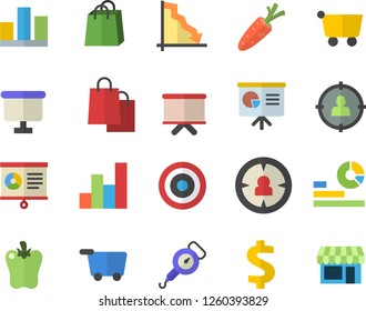 Color flat icon set spring balance flat vector, bell pepper, carrot, grocery trolley, target audience, crisis, dollar, statistics, flipchart, bags, chart, statistic, presentaition board, fector