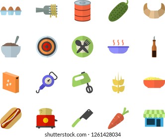Color flat icon set spring balance flat vector, knives, induction cooker, toaster, mixer, groats, sauce, croissant, egg, canned food, spaghetti on a fork, hot dog, soup, porridge, cucumber, ear