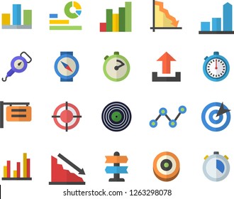 Color flat icon set spring balance flat vector, stopwatch, signboard, crisis, chart, statistics, scatter, statistic, target, pointer fector, compass, upload