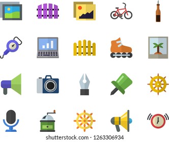Color flat icon set spring balance flat vector, coffee grinder, sauce, fence, drawing pin, ink pen, computer, roller Skates, bicycle fector, camera, photo, steering wheel, gallery, mouthpiece