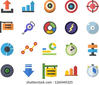 Color flat icon set spring balance flat vector, stopwatch, signboard, statistics, scatter chart, clircle diagram, target, lightning, achievement, pointer fector, download, upload