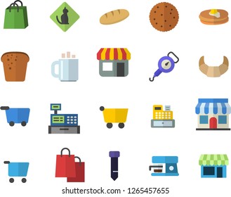 Color flat icon set spring balance flat vector, coffee machine, biscuit, pancakes, croissant, bread, store front, grocery trolley, bags, cash, tie, pets allowed fector, shop