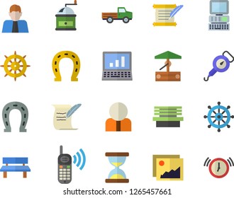 Color flat icon set spring balance flat vector, coffee grinder, well, pickup truck, horseshoe, bench, person, phone call, computer, hostory roll, gallery, hourglass, steering wheel, alarm clock
