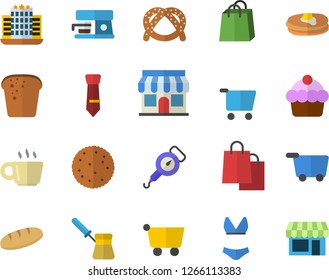Color flat icon set spring balance flat vector, turk, coffee machine, biscuit, pancakes, bagel, cake, bread, store front, grocery trolley, bags, tie, swimsuit, hotel fector, shop