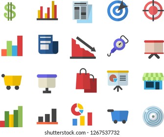 Color flat icon set spring balance flat vector, grocery trolley, crisis, chart, dollar, statistics, flipchart, bags, news, statistic, target, presentaition board, fector, shop