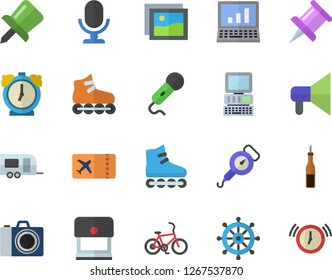 Color flat icon set spring balance flat vector, sauce, drawing pin, computer, roller Skates, trailer fector, bicycle, ticket, camera, gallery, stamp, steering wheel, mouthpiece, microphone
