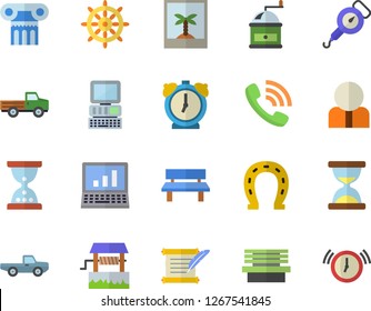Color flat icon set spring balance flat vector, coffee grinder, well, pickup truck, horseshoe, bench, person, phone call, computer, hostory roll, antique column fector, photo, steering wheel