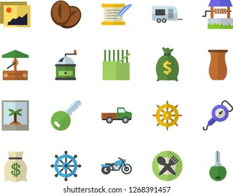 Color flat icon set spring balance flat vector, coffee grinder, jugful, beans, well, pickup truck, fabric manufacture, wealth, hostory roll, trailer fector, motorcycle, table setting, photo, key