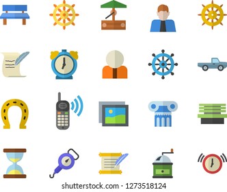 Color flat icon set spring balance flat vector, coffee grinder, well, pickup truck, horseshoe, bench, person, phone call, hostory roll, antique column fector, steering wheel, gallery, hourglass